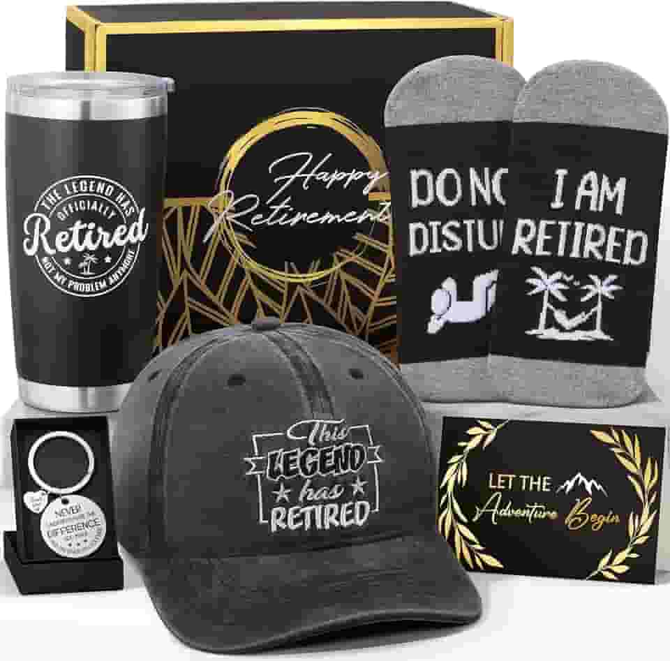 Conjunto de presente de aposentadoria para homens 2025 - Happy Retirement para colegas de trabalho, professores, chefe, amigos, pai, vovô, aposentados - cesta divertida para aposentados com copo de
