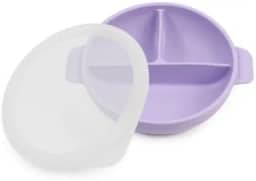Prato/Tigela em silicone com tampa e divisórias para bebês. Roxo