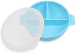 Prato/Tigela em silicone com tampa e divisórias para bebês. Azul