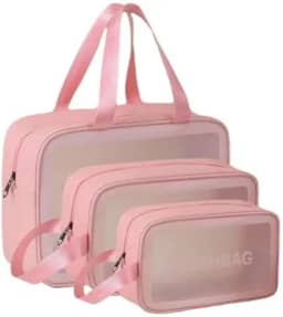 Kit 3 Necessaire Feminina Viagem Praia PVC Impermeável Zíper Grande Espaçosa Bolsa Organizadora Cosméticos Lavável Durável Prática Estilo Blogueira Luxo (Rosa)
