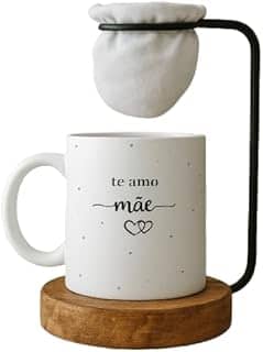 Kit Dia das Mães, Caneca 'Te Amo Mãe' com Mini Coador de Café, Base em Madeira