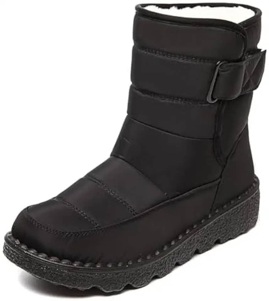 Botas de neve femininas de tecido impermeável com gancho e laço, confortável, bico redondo, forro de pelúcia, sem cadarço, botas de inverno impermeáveis para atividades ao ar livre, montanhismo, lazer