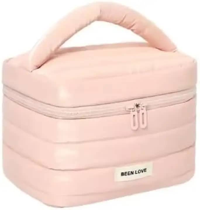 Necessaire Organizadora de Viagem, Material Puffer Acolchoado Impermeável, 4 Cores Disponíveis, para Itens de Higiene e Maquiagem (Rosa)