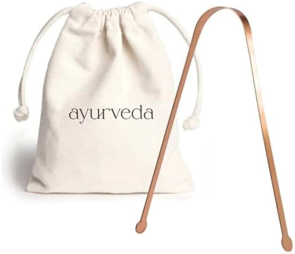 Raspador de Lingua Cobre Ayurveda com saquinho Algodão cru.