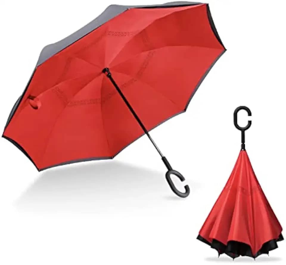 Guarda Chuva Invertido Sombrinha Abre Fecha ao Contrário Duplo Tecido Impermeável Cor:Vermelho;color:Vermelho