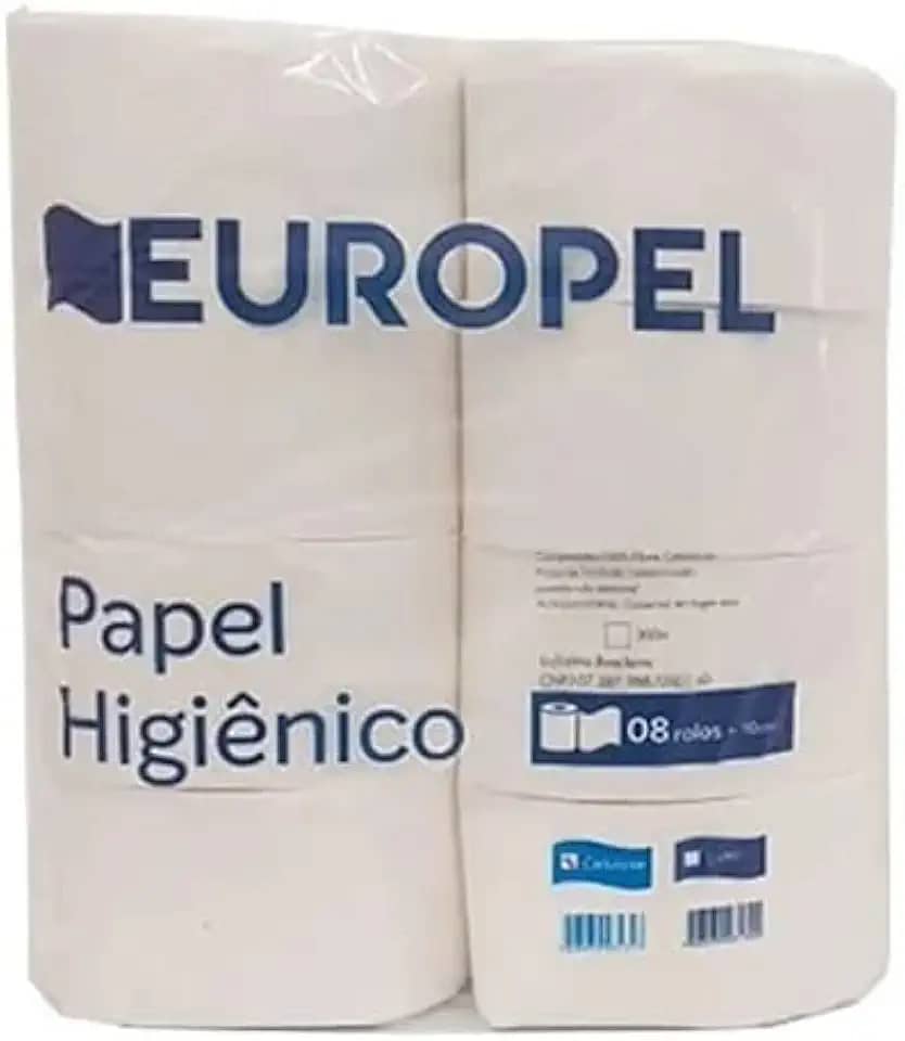 Rolão Papel Higiênico Institucional, 300 M, 100% Celulose, Branco, Europapel, 8 Unidades