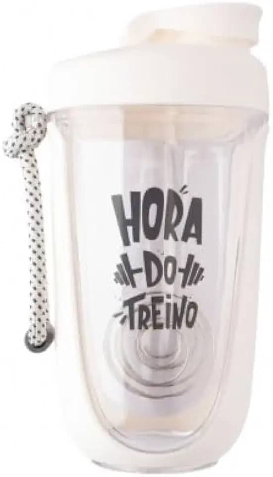Coqueteleira Shakeira Whey para Academia e Treino com Misturador e Alça Esfera Mola Frase Hora do Treino 550 Ml (Branco)