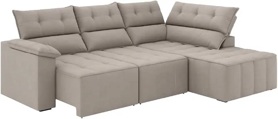 Sofá de Canto Retrátil e Reclinável 4 Lugares Santorini Veludo Luizzi (Capuccino)