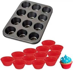Forma Assadeira de Aço Carbono Antiaderente para Cupcakes com 12 Cavidades + 12 Formas de Silicone