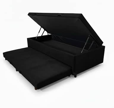 Cama Box Baú Solteiro com Auxiliar Conjugada | Pistão a Gás | Suporta Até 200kg | 188x88x42 | (SUEDE PRETO)