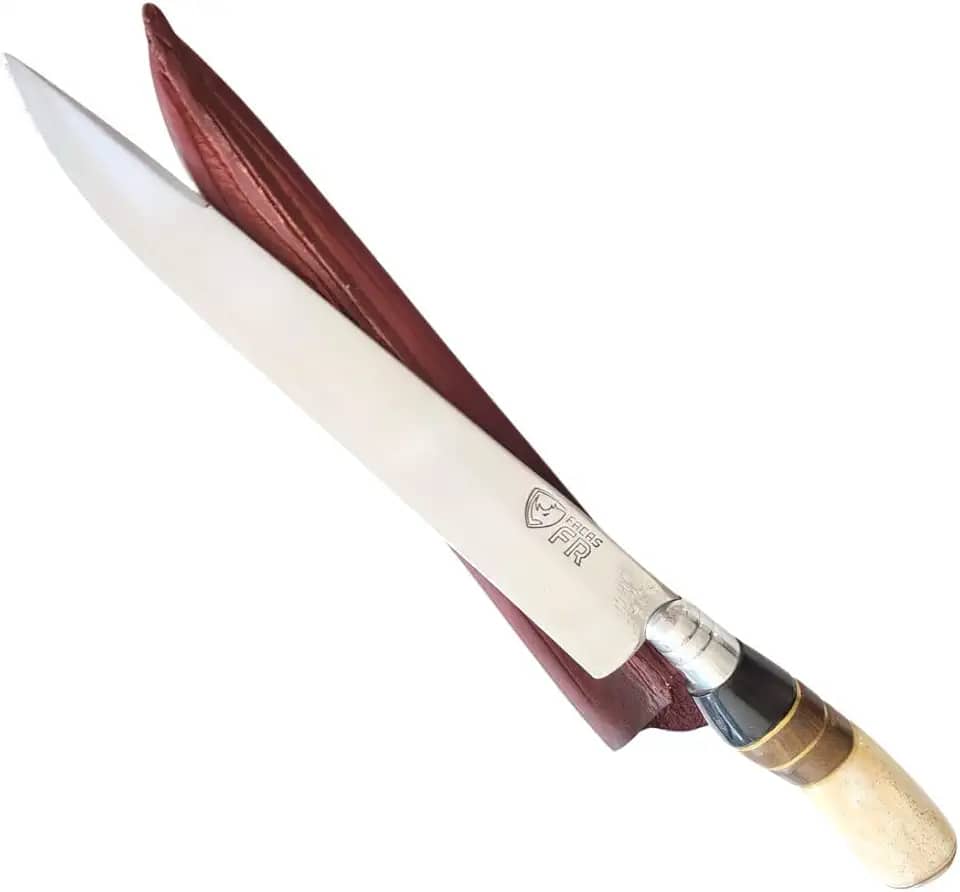 Faca Artesanal Churrasco 10” Aço Carbono Full Tang FACAS FR – Cabo de Osso, Madeira e Chifre com Bainha Couro – Corte Profundo, Precisão BBQ, Produção Nacional