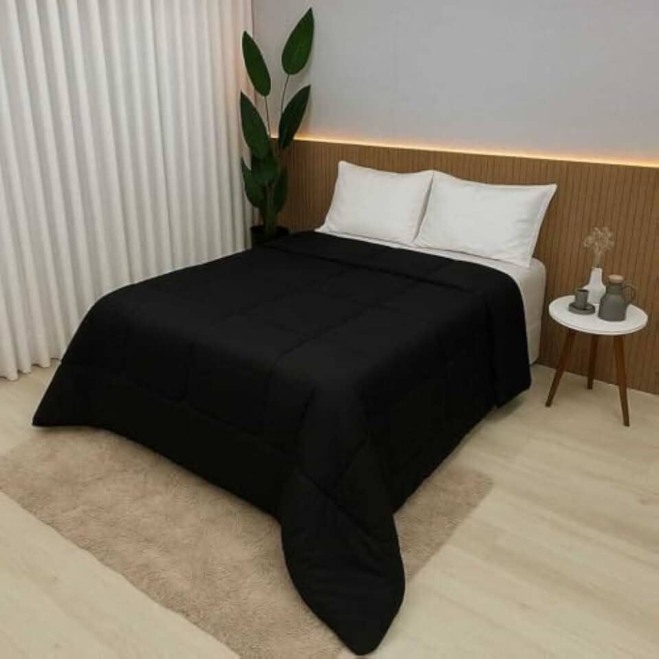 Edredom Casal e King 100% Algodão 400 Fios Dupla Face Grosso para Inverno – Antialérgico e Aconchegante (Preto,King)