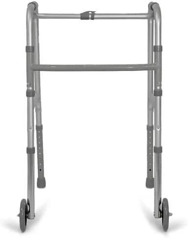 Andador Adulto Idoso com rodas alumínio dobrável altura regulável articulado Modelo D10 2 barras Delamed (acompanha pés com ponteira e pés com rodas se quiser usar alternadamente)