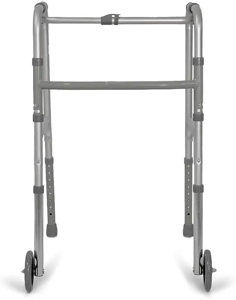 Andador Adulto Idoso com rodas alumínio dobrável altura regulável articulado Modelo D10 2 barras Delamed (acompanha pés com ponteira e pés com rodas se quiser usar alternadamente)