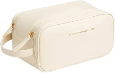 Necessaire Bolsa Organizadora de Maquiagem Couro Sintético Grande Capacidade com Duas Camadas, Alça Lateral, Divisórias Internas e Suporte para Pincéis – Ideal para Viagem (Gelo)