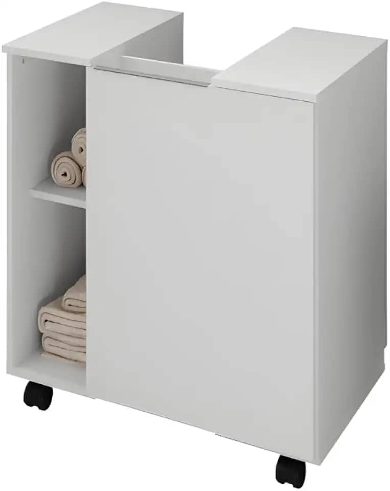 Gabinete Banheiro Para Pia De Coluna Com Rodinhas Armario Moderno E Organizador Com 1 Porta Nichos e Rodízios Pequin (Branco)