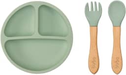 Kit Alimentação Silicone Buba 2pçs Prato Talher Bambu Verde