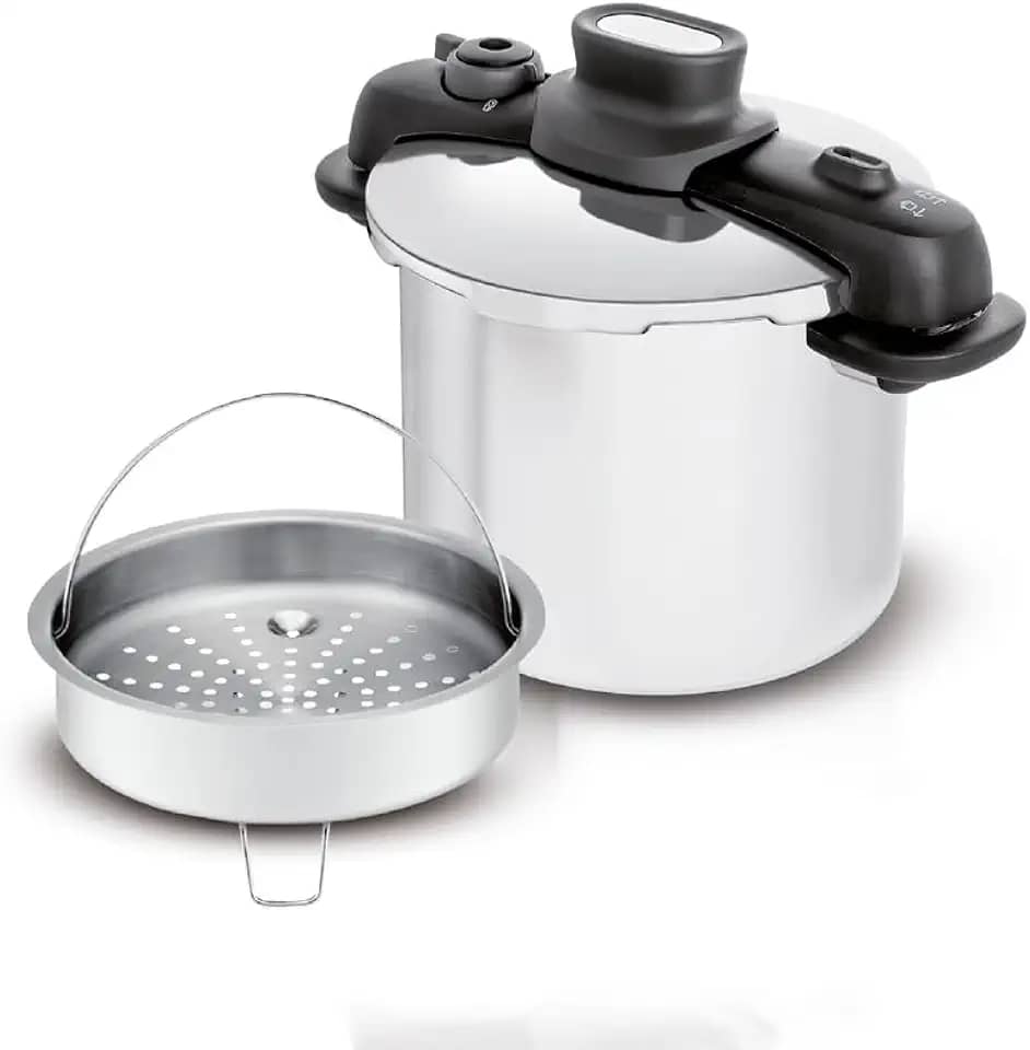 Panela de Pressão 7L Tefal OptiSpace em Inox com Fundo Triplo e Cesto de Vapor
