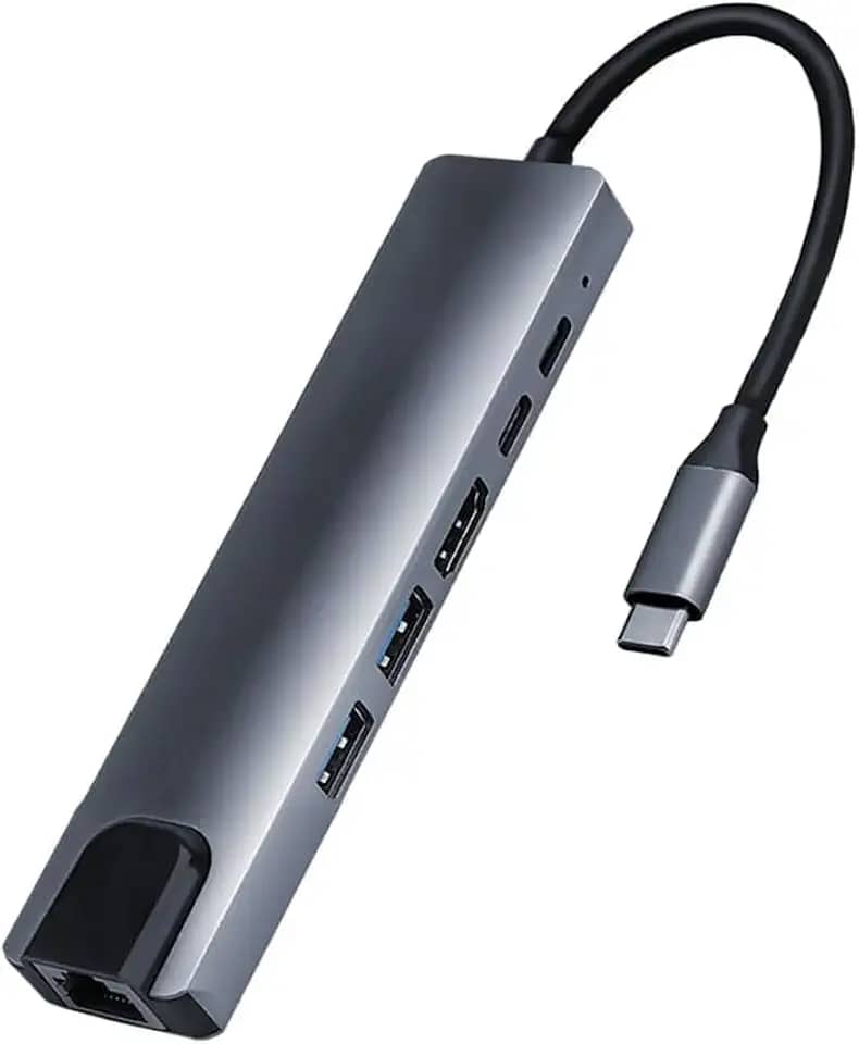 Adaptador 6 em 1 Tipo C com HDMI 4K, LAN 100Mbps e USB C | Hub para MacBook, Chromebook, Teclado, Mouse, Pen Drive e mais!