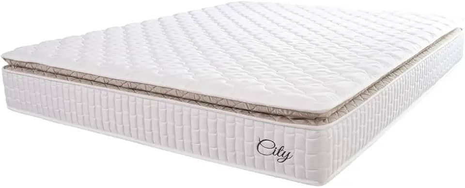 Colchão Casal Molas Ensacadas City Pillow Top 138x188x23cm Branco/Bege Hellen - Suporta até 110kg por Pessoa