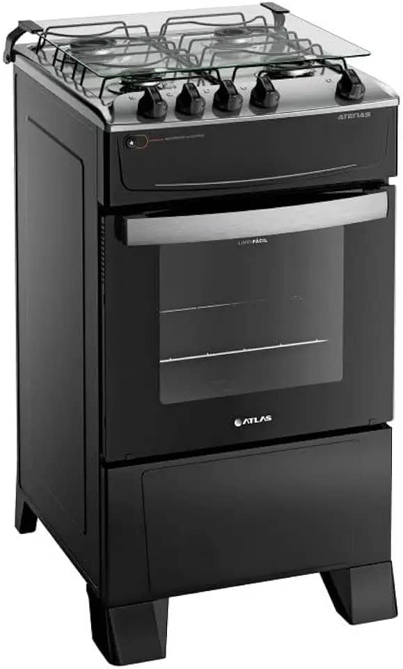 Fogão 4 Bocas Preto com Mesa Inox Atlas Atenas Bivolt