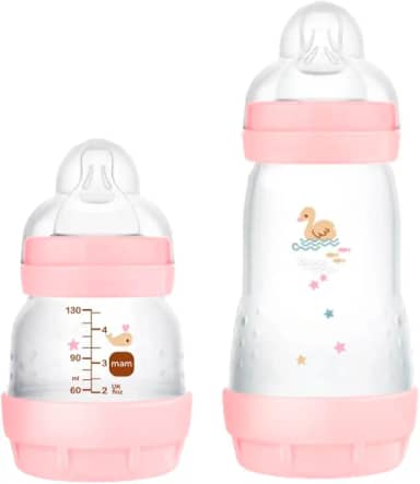 MAM Baby Kit 2 Mamadeiras Easy Start Starter Set Anticólica e Menos Bolhas de Ar, para Crianças 0+ Meses Autoesterilizável e com Bico de Silicone Skinsoft, Rosa