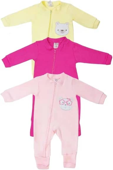Macacao Bebe Kit 3 Peças Com Ziper Bordado e Liso Roupa Menina 100% Algodão