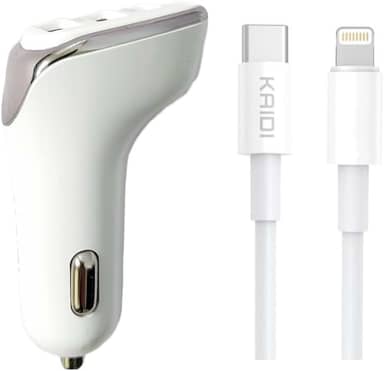 Carregador Veicular para Iphone PD USB-C Lightning KAIDI KD-304CL Turbo 38W Carregamento Rápido 3 Saidas