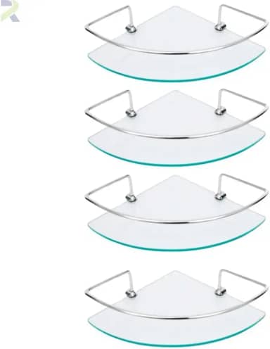 Kit Prateleira de Canto para Banheiro, Vidro Incolor 6mm com Suporte de Alumínio, 29x20cm, 4 Unidades