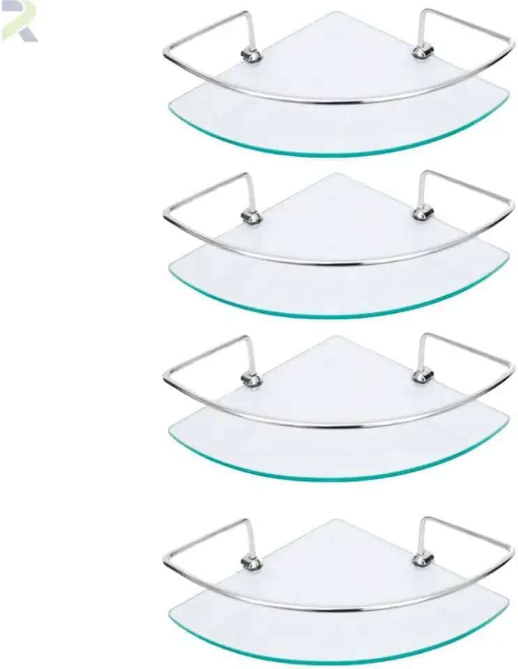 Kit Prateleira de Canto para Banheiro, Vidro Incolor 6mm com Suporte de Alumínio, 29x20cm, 4 Unidades