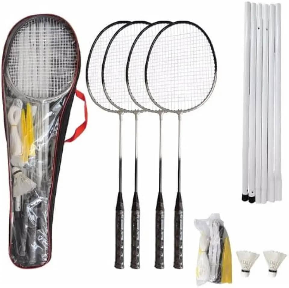 Kit Badminton Pro 4 Raquetes 2 Petecas C/Rede E Suporte