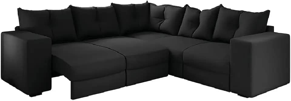 Sofá de Canto Retrátil 5 Lugares Veludo New Qatar Preto Selmer