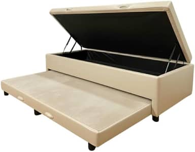 Cama Box Baú Solteiro com Auxiliar Conjugada | Pistão a Gás | Suporta Até 200kg | 188x88x42 | (CORINO BEGE)