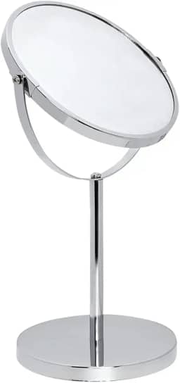 Mimo Style Espelho de Aumento com Base Cor Prata, Dupla Face 360º Rotativo, Lado Normal e Outro Com Ampliação em 5X. Acabamento em Aço Inoxidável de Qualidade e Elegante