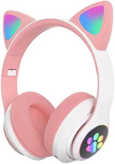 Fone de Ouvido Bluetooth Gatinho com LED Colorido, Headset Bluetooth Orelhas de Gato com Luz LED, Fones de Ouvido Wireless Cartão de Memória, Cabo P2, Bateria de 400mAh (Rosa) (Azul)