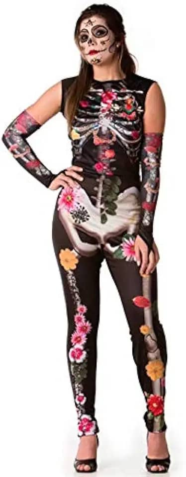 Fantasia Caveira Mexicana Adulto Feminino de Halloween Com Luvas