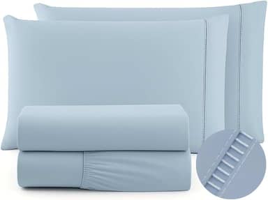 Jogo De Lencol QUEEN 4 Pecas 600 Fios Egípcios Cama Box - Lençol de Cima Ponto Palito - Toque extra Macio - Lençol de Hotel (AZUL, QUEEN 4 PEÇAS)