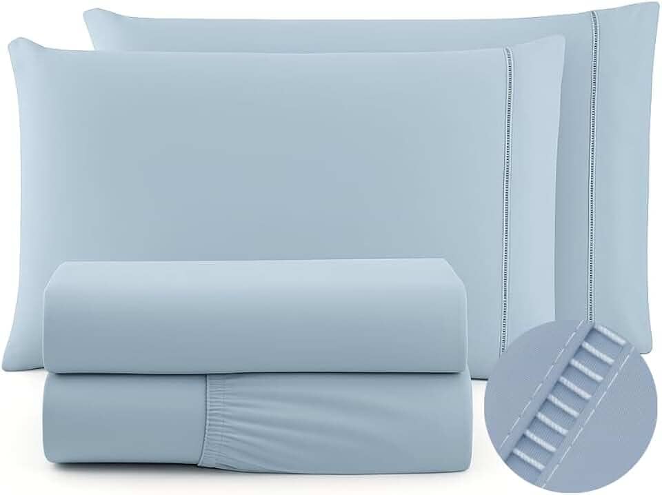 Jogo De Lencol QUEEN 4 Pecas 600 Fios Egípcios Cama Box - Lençol de Cima Ponto Palito - Toque extra Macio - Lençol de Hotel (AZUL, QUEEN 4 PEÇAS)