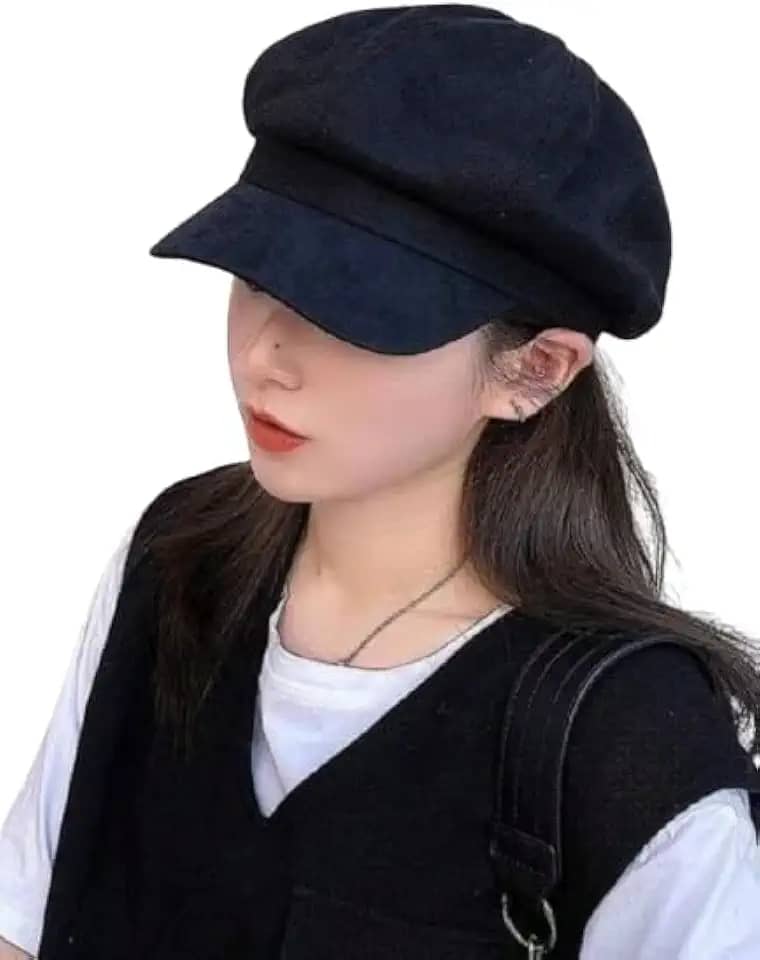 Boina Feminina Europeia de Feltro, Preta, Estilo Clássico 8 Gomos