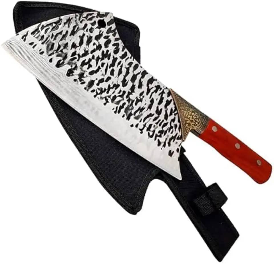 Faca Artesanal Damasco, Lâmina em Aço Inox 16cm, Cabo em Madeira, 28cm Total, com Bainha de Pano, para Pesca, Camping, Caça e Tático