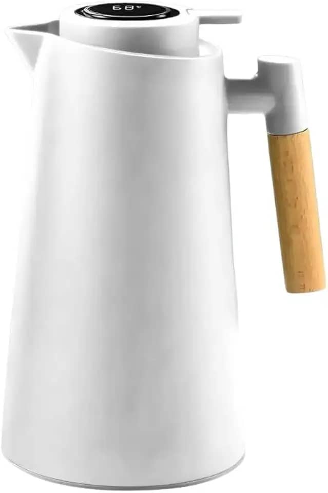 Garrafa Térmica 1L com Termômetro Digital LED e Cabo de Madeira – Para Café, Chá e Bebidas Quentes ou Frias – Design Moderno e Sofisticado para Mesa Posta e Cozinha – (Branco)
