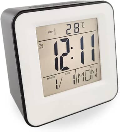 Relógio Despertador Mini Multifuncional com Display LCD, Luz Noturna e 8 Toques Diferentes – Portátil e Econômico Alimentado por Pilhas com Sensor Inteligente Som e Função Touch (Preto)