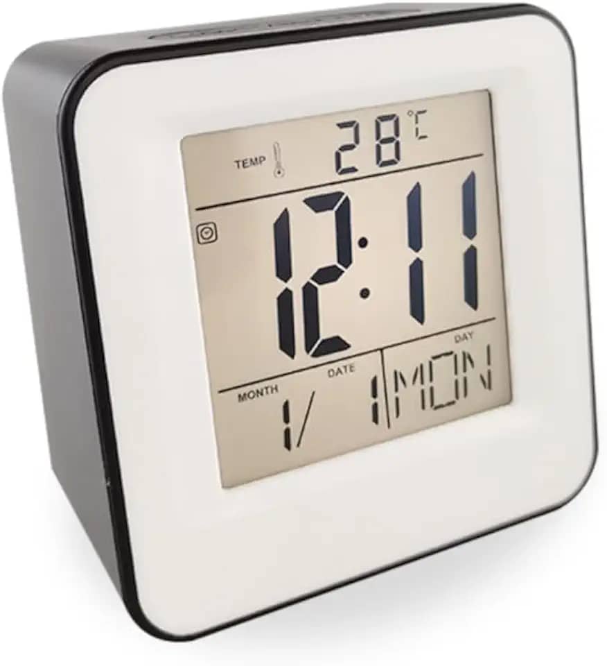 Relógio Despertador Mini Multifuncional com Display LCD, Luz Noturna e 8 Toques Diferentes – Portátil e Econômico Alimentado por Pilhas com Sensor Inteligente Som e Função Touch (Preto)