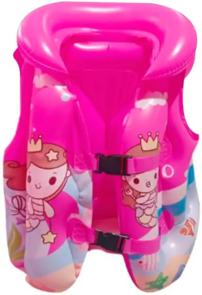 Colete Salva-Vidas Infantil com Design de Tubarão, Azul e Rosa, para Crianças 2-6 Anos, Fecho Duplo de Segurança, 40x37cm, Material Inflável