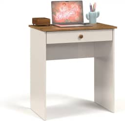 Escrivaninha Compacta para Estudos e Notebook Office Estilo com 1 Gaveta Corrediça Metálica (Off White/Freijo)