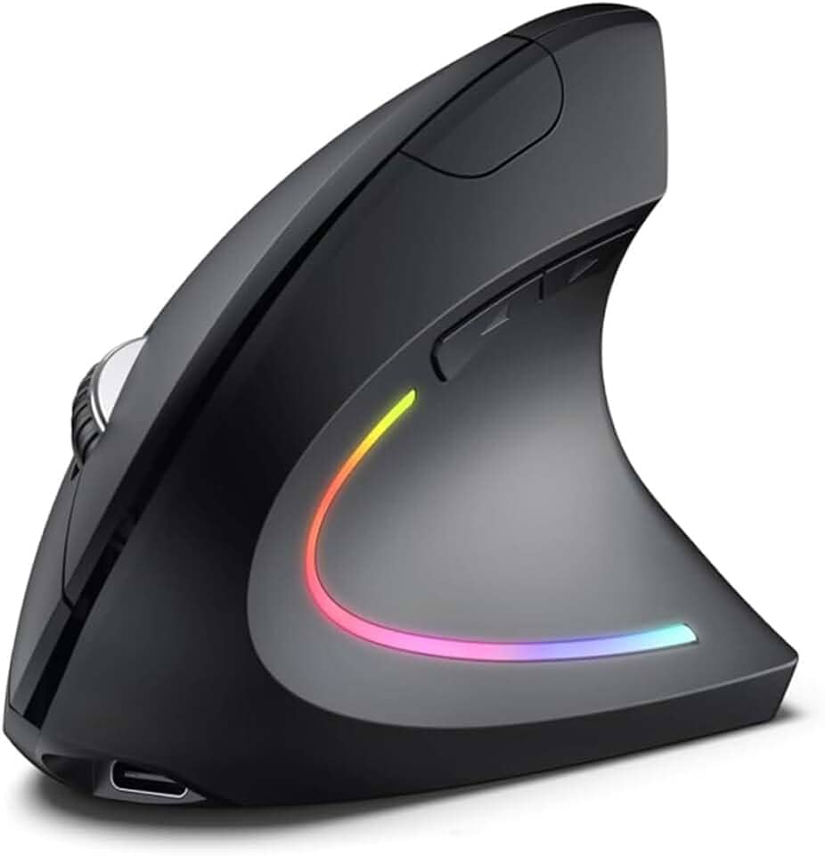 Mouse Vertical Ergonômico Sem Fio 2.4G/Bluetooth - 4 Níveis DPI Ajustável, Clique Silencioso e Recarregável para Alívio Muscular (Preto)