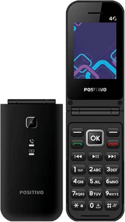 Celular POSITIVO P51, Flip, Função Modem, 4G, Câmera Traseira, Tela 2,4' LCD, Rádio FM, Botão SOS, Dual SIM Preto