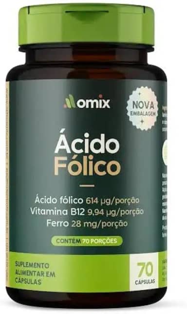 Ácido Fólico, Ferro e Vitamina B12-70 cápsulas - Omix