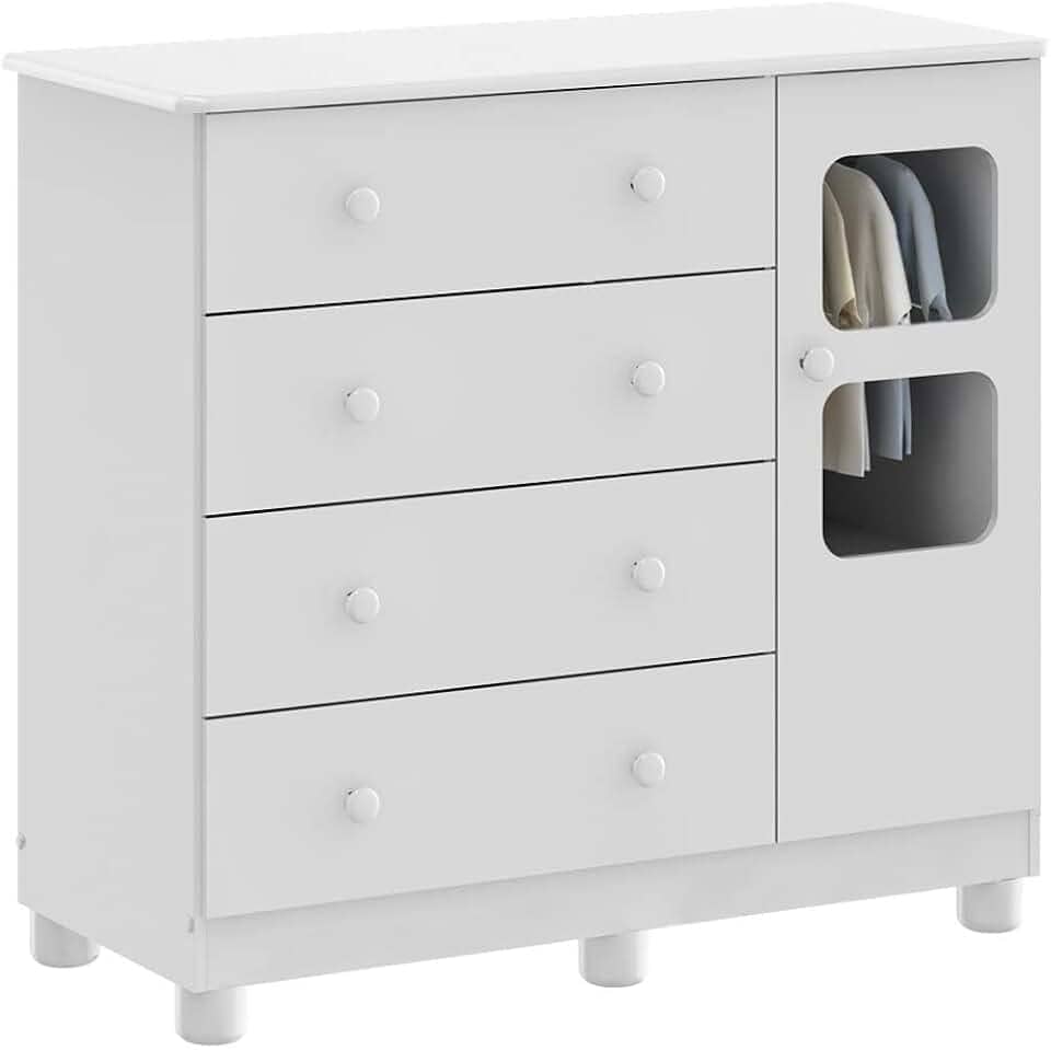 Cômoda de Bebê 1 Porta 4 Gavetas Uli Móveis Peroba Branco Brilho
