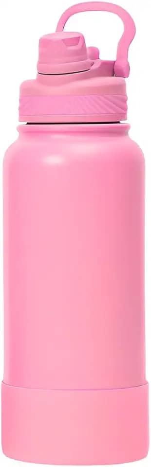 Garrafa Térmica de Água 1 Litro com Alça Garrafinha 2 em 1 com Canudo e Saída Livre em Inox e Sistema Térmico a Vácuo (Rosa)